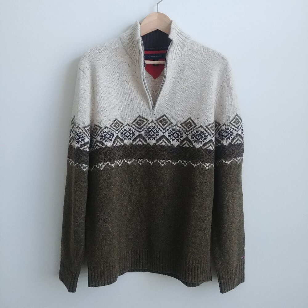 Tommy Hilfiger Men 78% lambswool Large wool sweater green oatmeal quarter zip